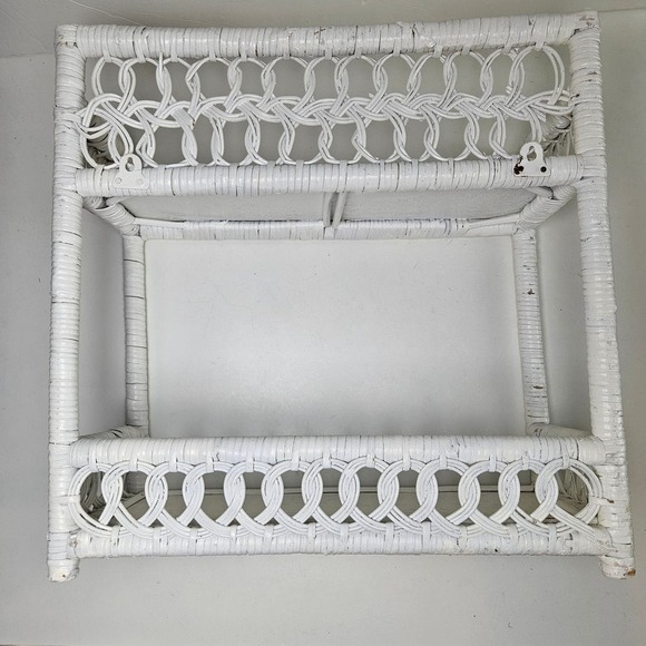 Vintage Wicker Rattan Bathroom Shelf Waste Basket Tissue Box Cover Set White - Picture 3 of 16